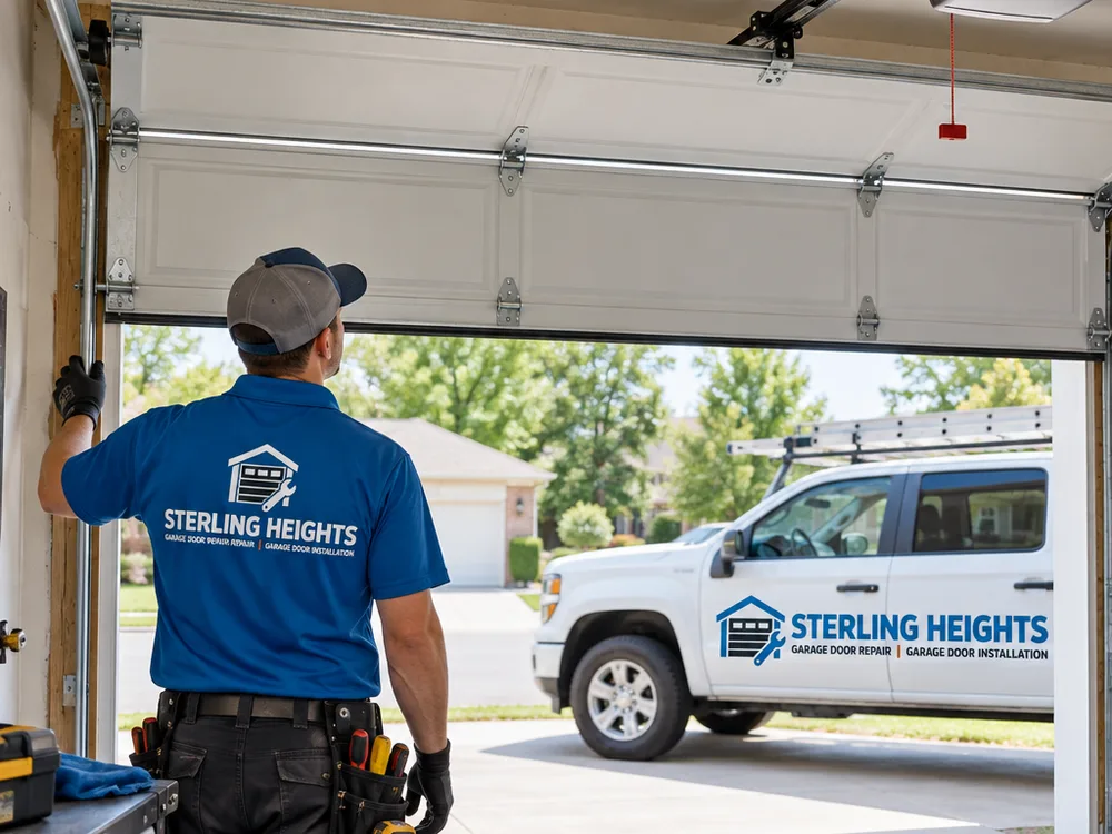 Half-open residential garage door with visible opener rail and even spacing on both sides