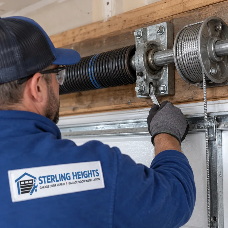 Torsion spring, center bearing plate, and cable drum above a garage door