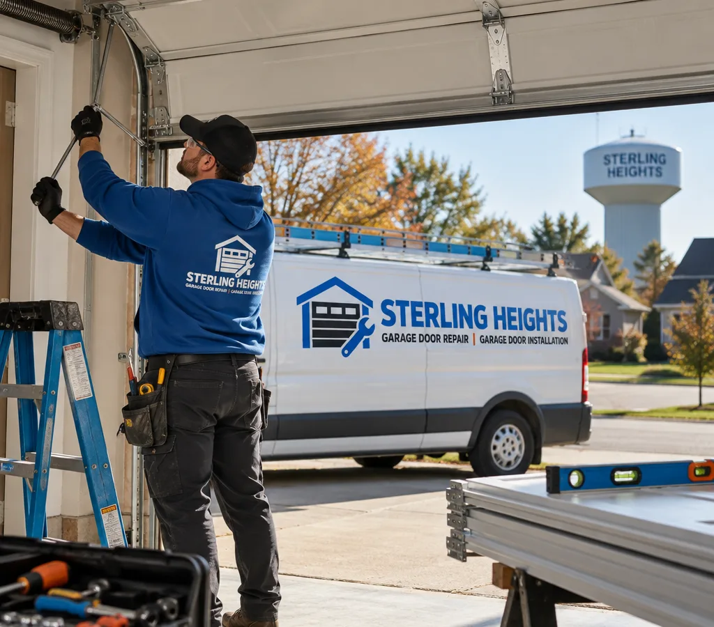 Contractor aligning a modern residential sectional garage door in its opening