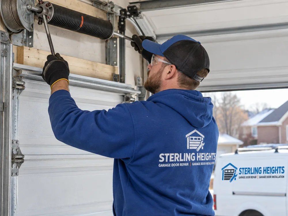 Torsion spring system being installed above a residential garage door