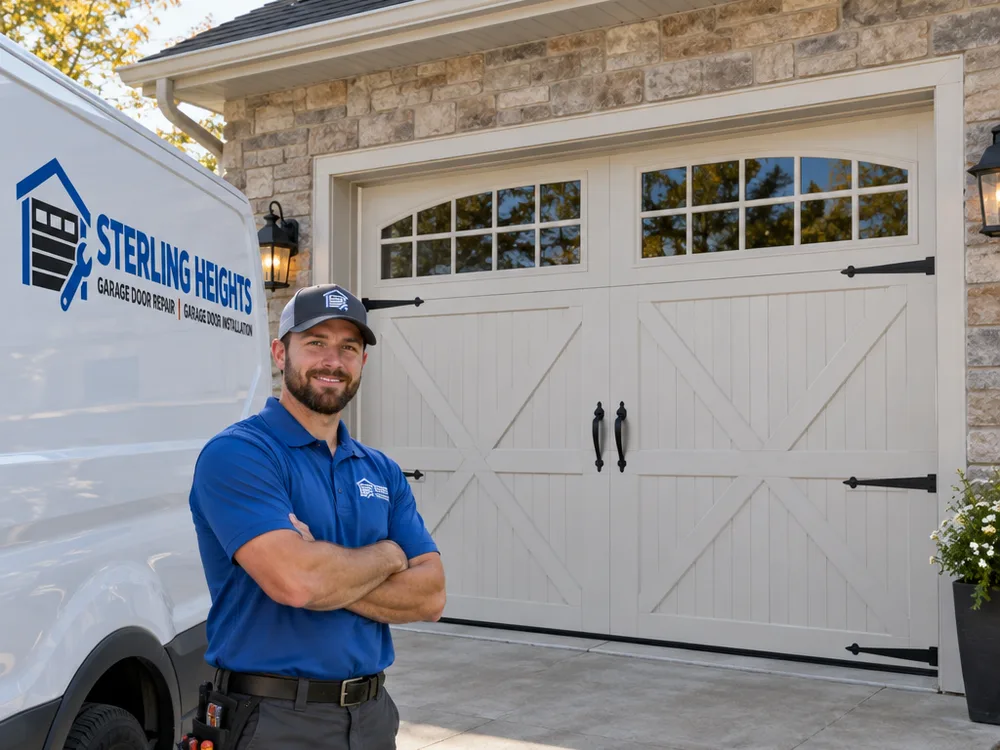 Carriage-house style overhead garage door with decorative hardware and arched windows