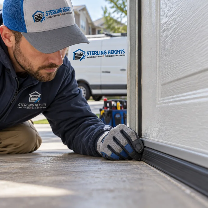 Close-up of a garage door bottom weather seal and retainer above a clean threshold
