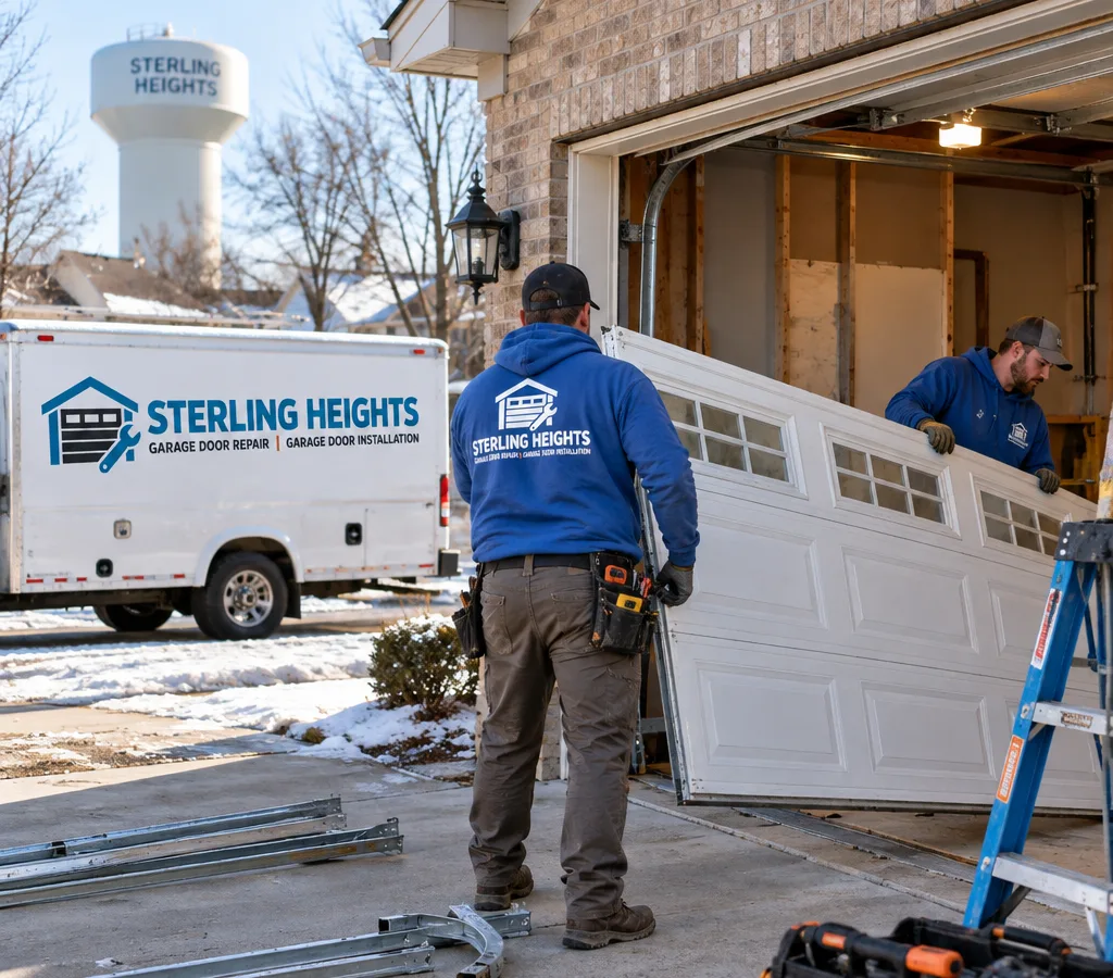 Residential garage door being removed from its tracks while an installer prepares the opening for replacement