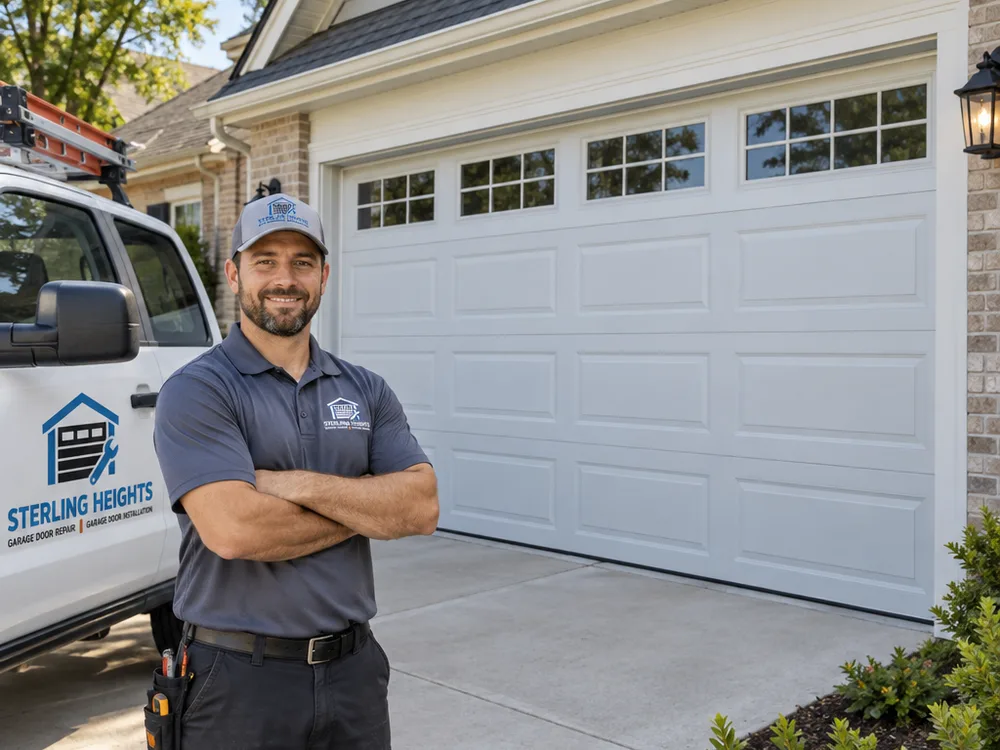 Newly installed insulated steel sectional garage door on a two-car attached garage