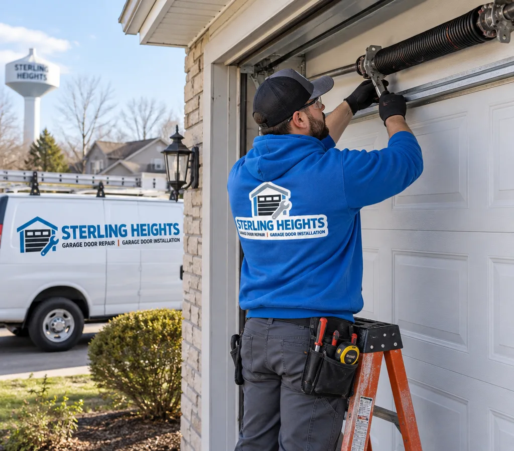 Residential garage door with the torsion spring assembly in focus above the closed door