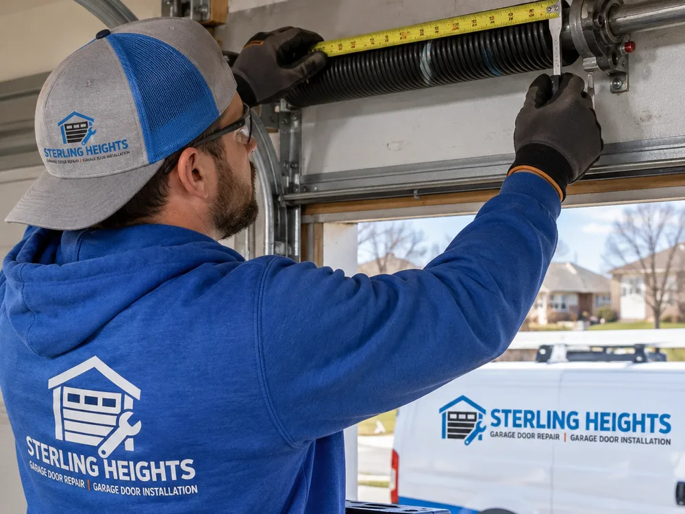 Contractor measuring a torsion spring on its shaft with winding cones visible
