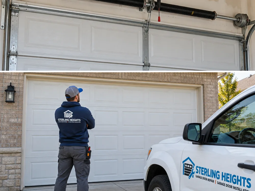 Closed residential garage door with a newly installed torsion spring set and lift cables routed on both drums