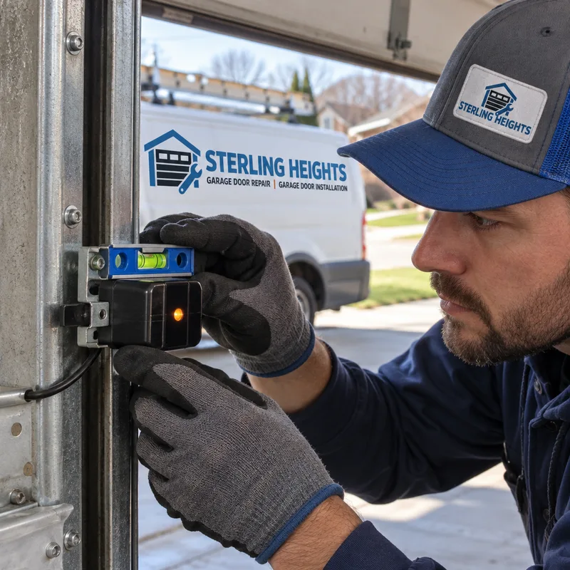 Contractor aligning a garage door photo-eye safety sensor with a small level