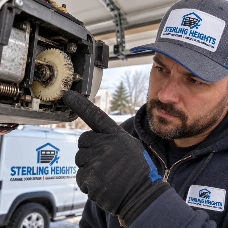 Contractor pointing to wear on a nylon drive gear inside an open garage door opener housing