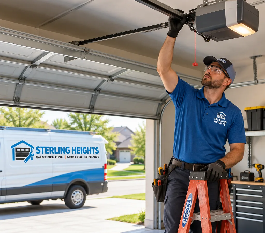 Contractor inspecting an automatic garage door opener rail and motor unit in a residential garage