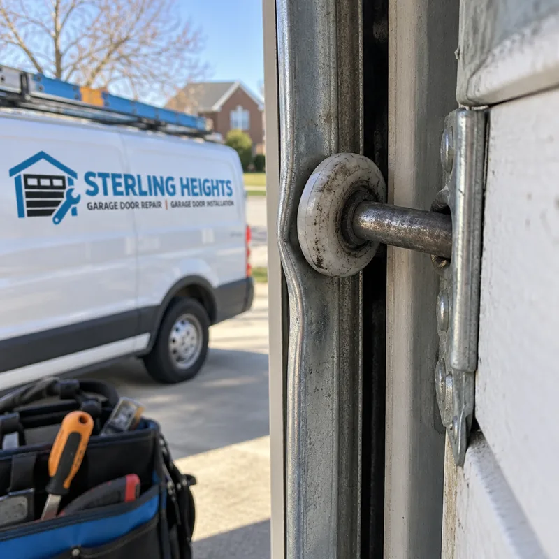 Garage door roller outside a slightly bent vertical track