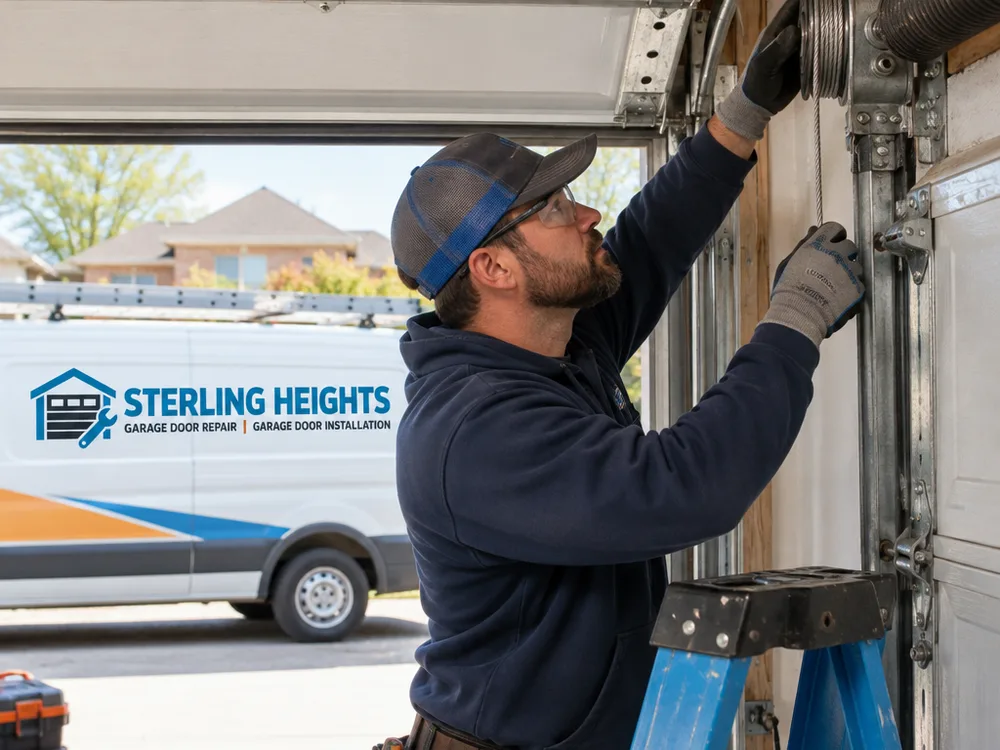 Contractor inspecting a torsion spring drum and lift cable at the top corner of a garage door