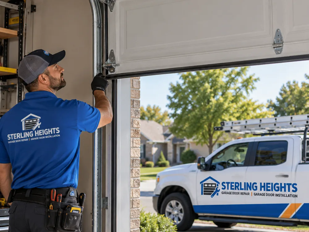 Aligned garage door halfway open with rollers seated and tracks plumb