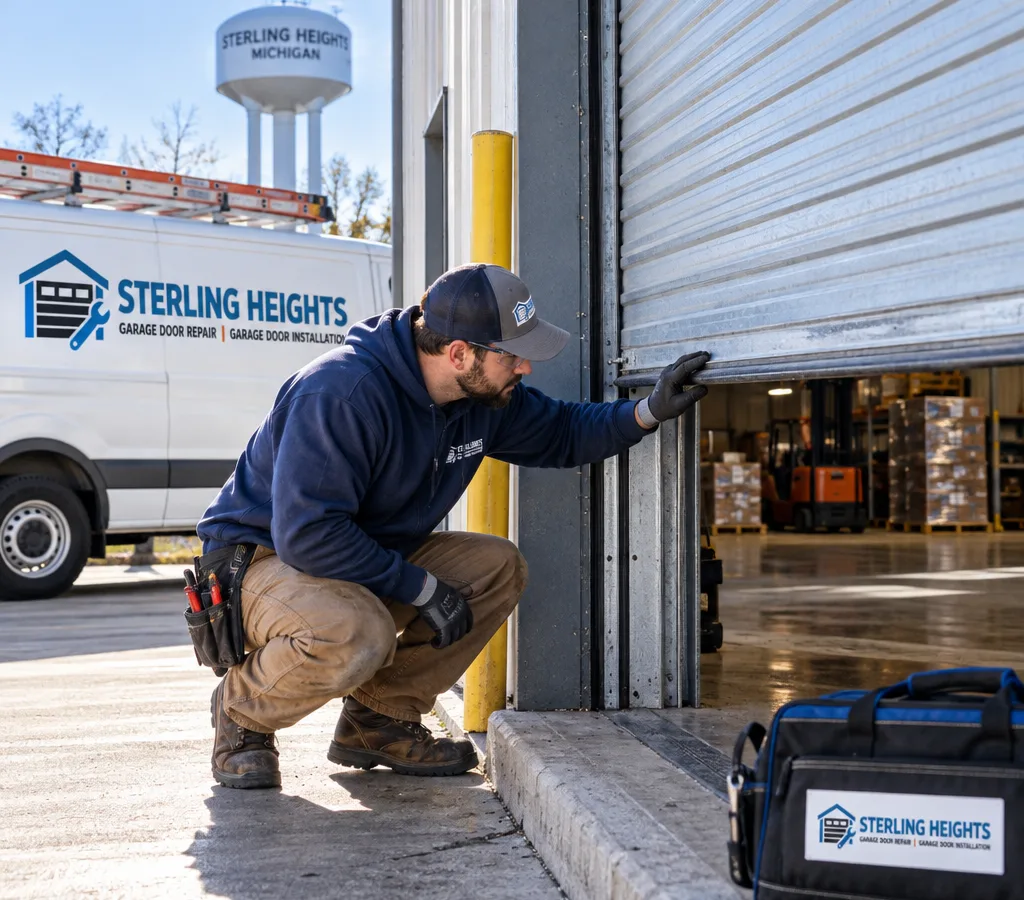 Commercial steel roll-up door partially open at a warehouse dock while a contractor inspects the bottom bar and guide tracks