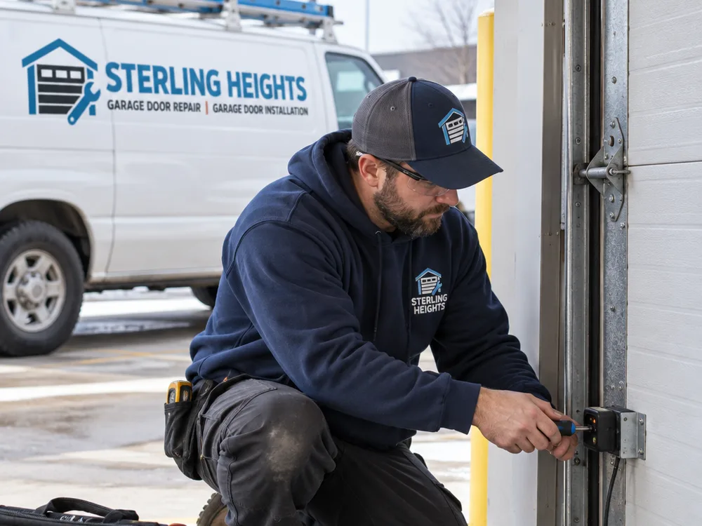 Contractor checking photo eyes and alignment on a commercial overhead sectional door