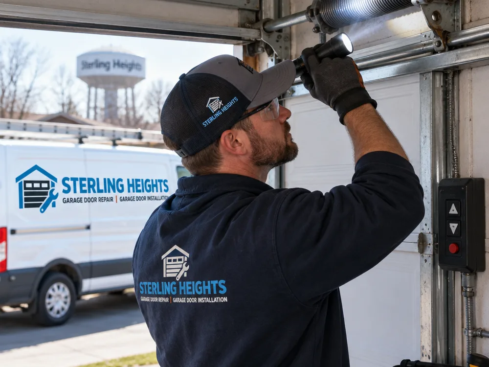 Contractor inspecting a rolling steel door barrel and spring assembly with a flashlight near the control station