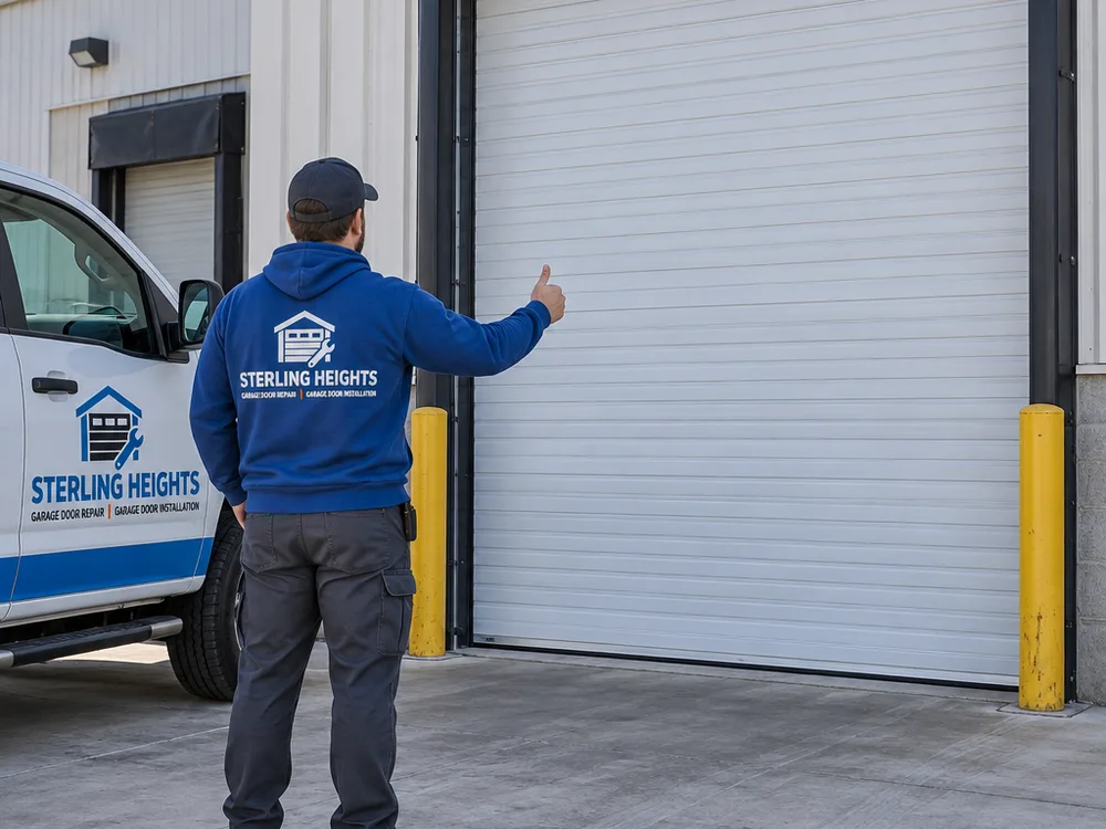 Commercial roll-up door fully closed and aligned in its guides with even bottom-bar contact after service
