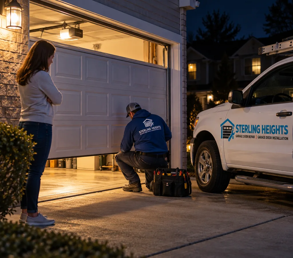 Residential garage door partially open at night with the opener light on