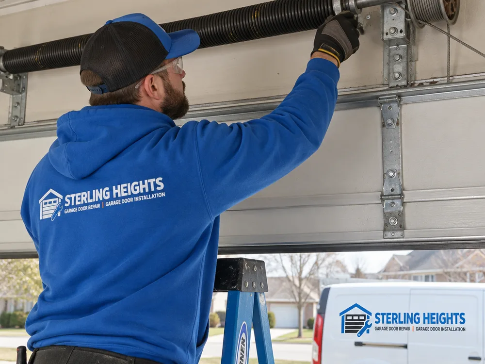 Contractor inspecting torsion springs and cable drums above a secured residential garage door