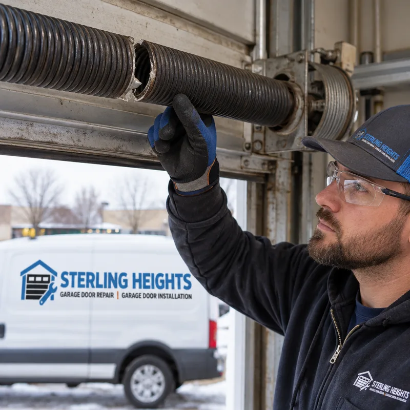 Close-up of a torsion spring above a commercial overhead door with a visible break and separated coil