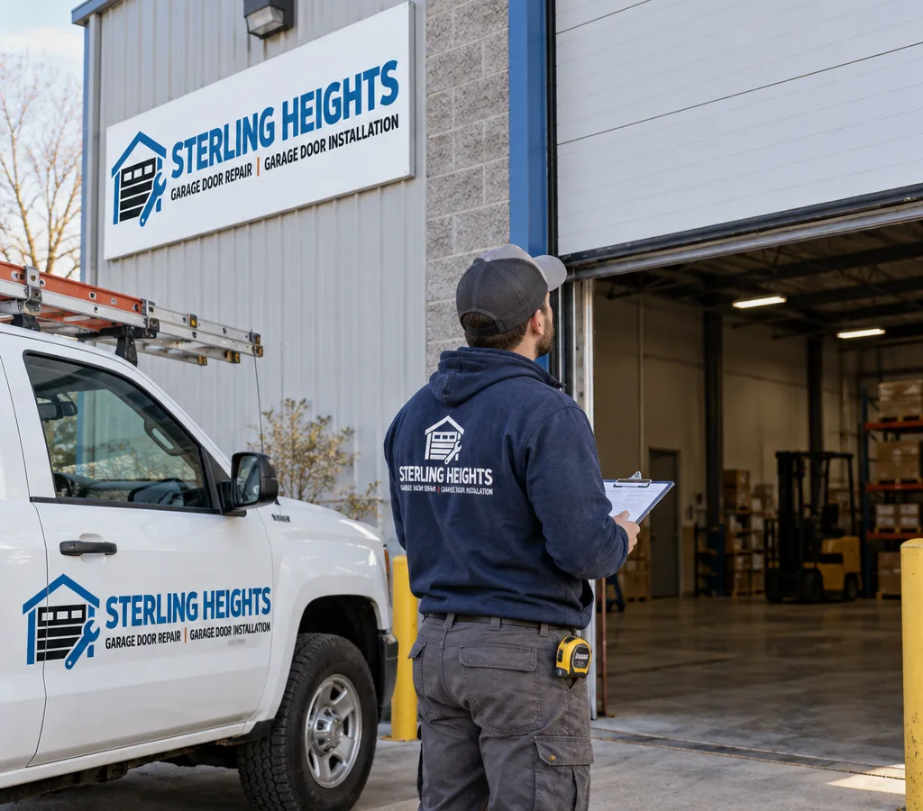 Exterior view of a commercial sectional overhead door at a small warehouse with a contractor assessing the opening