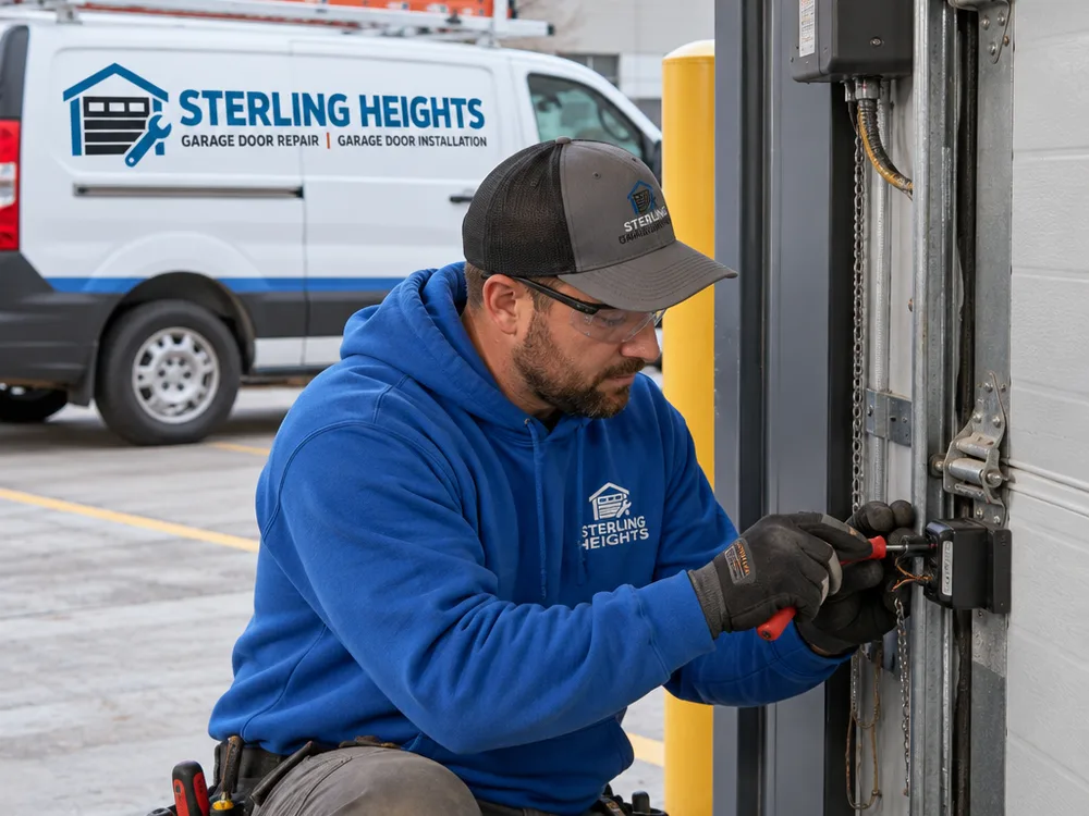 Contractor checking photo eyes and wiring on a commercial door operator near the opening