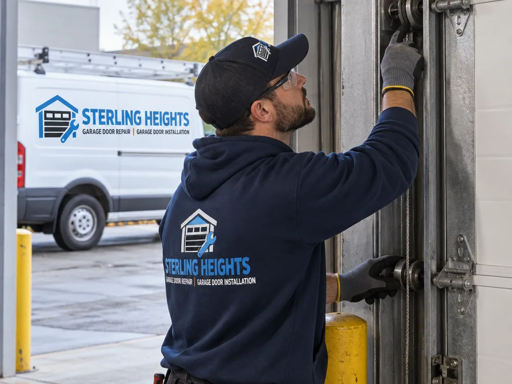 Contractor inspecting vertical tracks, rollers, and lift cable on a commercial overhead sectional door from inside a loading bay
