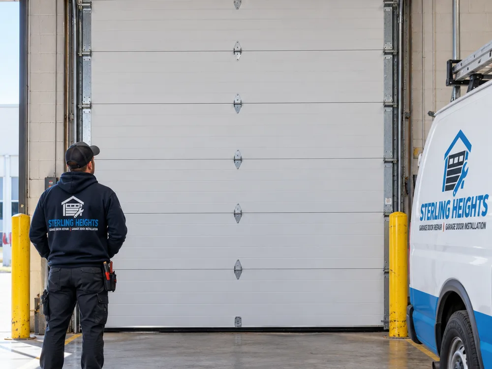 Interior view of a commercial loading bay with a sectional overhead door fully closed and aligned in the tracks