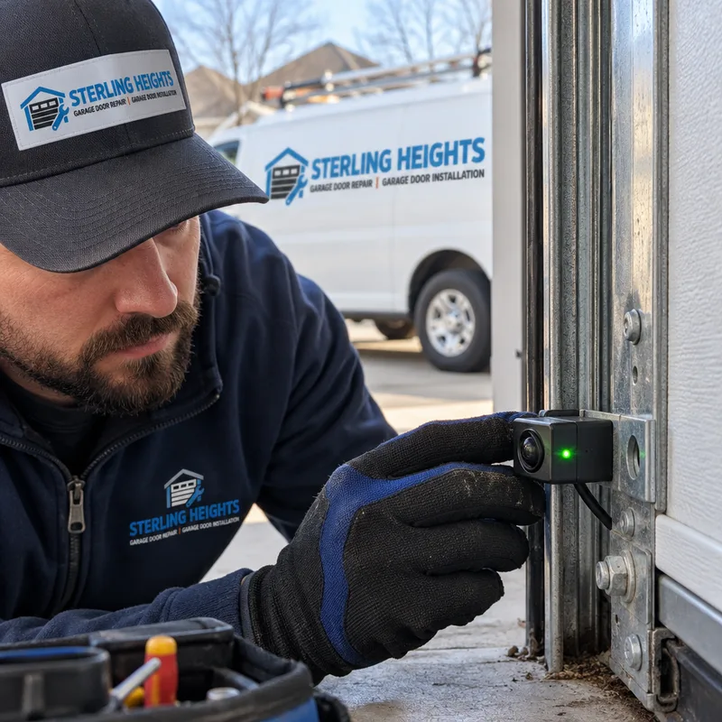 Safety photo eye sensor mounted near the garage door track with alignment indicator lights visible