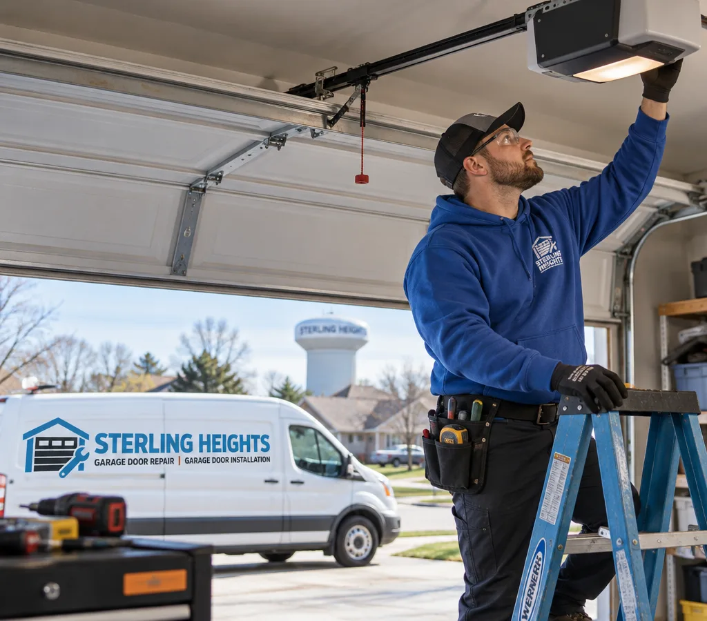 Residential garage with the door partially open while a contractor inspects a ceiling-mounted garage door opener and rail system