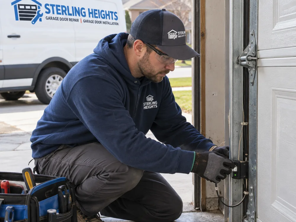 Contractor checking alignment of garage door safety photo eyes and inspecting wiring near the bottom of the door track