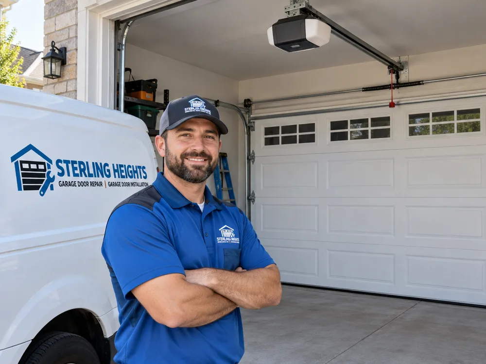 Garage door fully closed with a modern opener installed and a cleanly mounted rail and header bracket