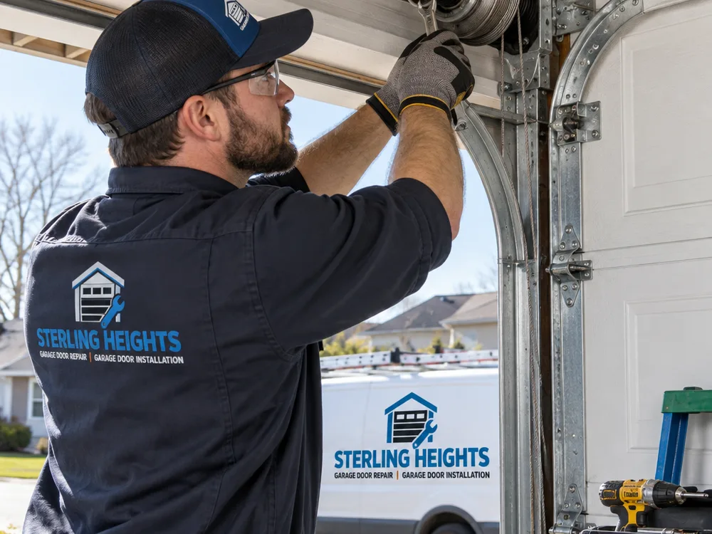 Contractor inspecting a torsion shaft and correctly routed lift cable at the cable drum