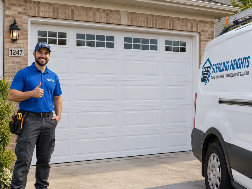 Residential garage door sitting level at the header and floor after lift-system adjustment