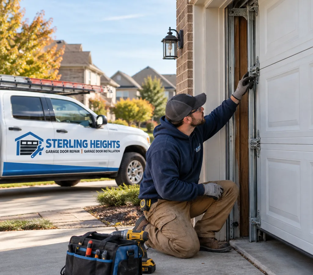 Contractor inspecting the track and roller area of a residential sectional garage door in Warren