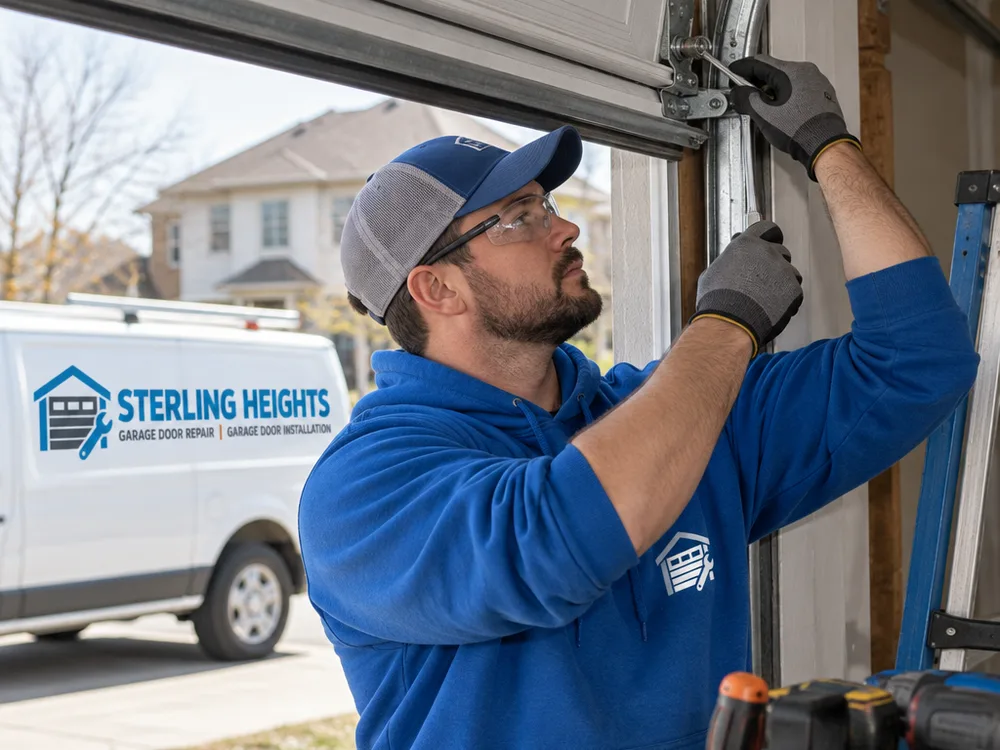 Contractor setting garage door track spacing and tightening track brackets with hand tools