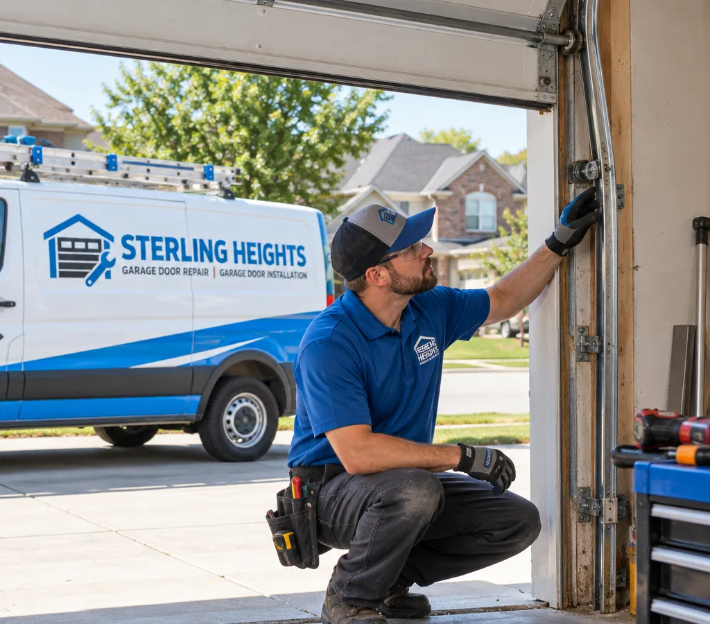 Contractor inspecting a misaligned garage door track and rollers beside a partially open residential door