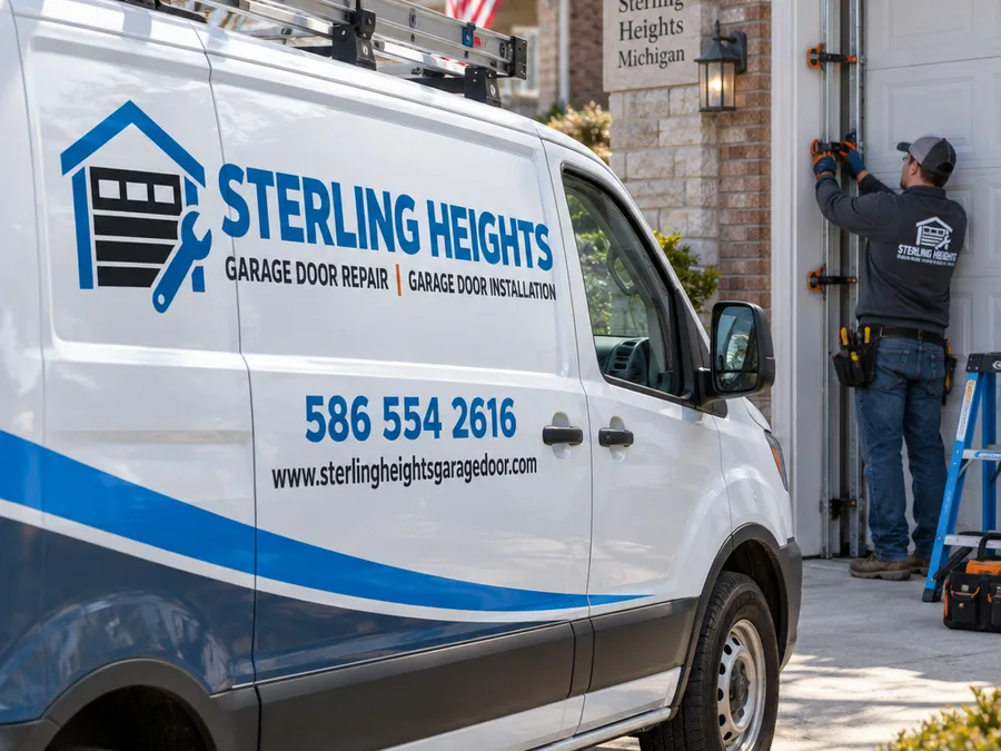 Contractor adjusting a residential garage door's vertical track alignment with clamps securing the track